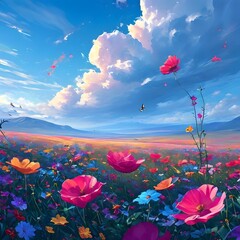 beautiful field of colorful flowers with flying petals, cloudy skies, mountain background