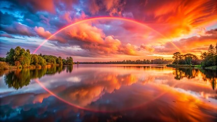 Wall Mural -  The photo is of a beautiful sunset over a lake. The sky is a brilliant orange, yellow, pink, and blue. The clouds are reflecting the colors of the sky. 
