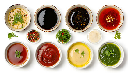 Wall Mural - Set of different sauces in bowls isolated on white, top and side views