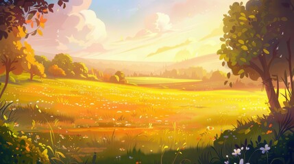 Wall Mural - Idyllic Summer Landscape. Golden meadow bathed in warm sunlight with lush trees and wildflowers