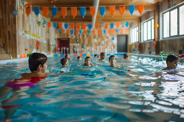 Wall Mural - Group of happy kids learning swimming in indoor summer pool. Happy children kids group at swimming pool class learning to swim, happy summer vacation.