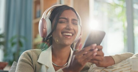 Poster - Happy woman, headphones and listening with phone to music on sofa for audio, podcast or sound at home. Female person scrolling on mobile smartphone with headset for album, dance and energy at house