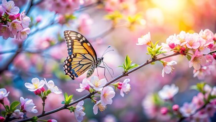 Poster -  There is a beautiful butterfly on a branch of a cherry blossom tree. The butterfly is yellow and black with white spots on its wings.