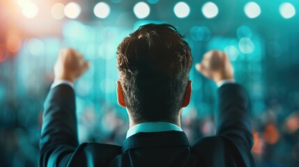 A business professional giving a triumphant presentation in a sleek, modern office, with colleagues applauding in the background. The image provides ample copy space for adding text or graphics.