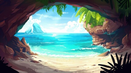 Wall Mural - Secluded Beach Paradise. Tranquil Ocean View from a Tropical Cave
