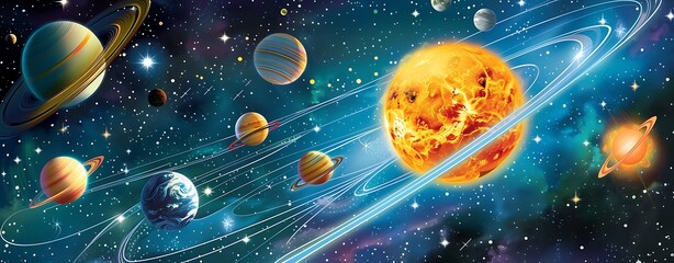 create a vibrant poster for kids with a theme of the solar system