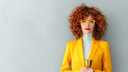 Wall Mural - A businesswoman standing tall with a trophy in hand, symbolizing personal mastery and professional success. The background offers plenty of copy space for adding text or graphics.
