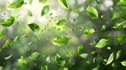 Wall Mural - Green leaves in motion. Realistic depiction of green leaves flying on a transparent background, capturing the essence of nature's dynamism.