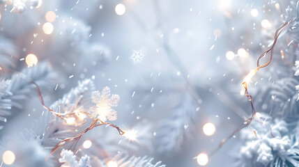 Wall Mural - Festive Winter Wonderland Background with Delicate Snowflakes and Warm Fairy Lights. Winter Holiday Concept.