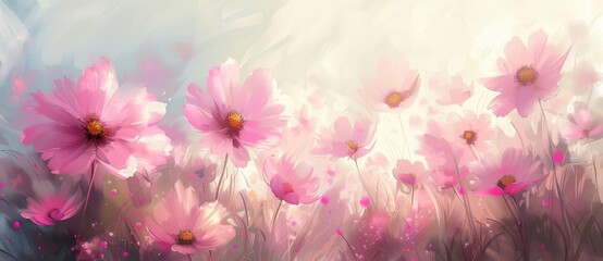 Poster - Pink cosmos flowers in a field