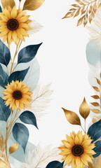 Wall Mural - Watercolor background with sunflower, golden branches and leaves.