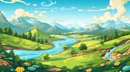 Wall Mural - Cartoon landscape with river flowing through green hills, mountains, and blue sky. Whimsical and vibrant background for adventure, nature, or fantasy.