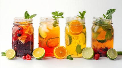 Wall Mural - Ice-cold drinks on a white background, featuring iced tea, mojito, fruit punch