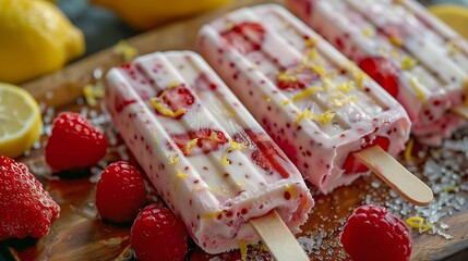 Wall Mural - Homemade strawberry and lemon popsicles, sweet, vibrant, icy, zesty, refreshing, on a wooden board