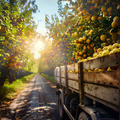 Wall Mural - Cargo truck carrying yellow apples on the road in an orchard with sunset. Concept of food production, transportation, cargo and shipping.