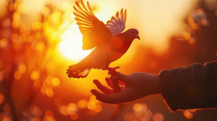 Sticker - Silhouette pigeon return coming to hands in air vibrant sunlight sunset sunrise background. Freedom making merit concept. Nature animal people hope pray holy faith. International Day of Peace theme.