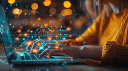 Woman working on laptop with digital interface at night