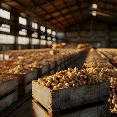 Cashew nuts harvested in wooden boxes in a warehouse. Natural organic fruit abundance. Healthy and natural food storing and shipping concept.