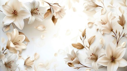 Sticker - Elegant White Lilies on Soft Beige Background with Falling Petals