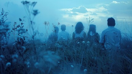 Sticker - Soft Blue Haze: An ethereal scene with a group of people sitting together in a field, their faces illuminated by a soft blue haze