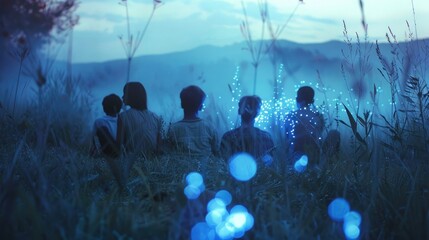 Soft Blue Haze: An ethereal scene with a group of people sitting together in a field, their faces illuminated by a soft blue haze