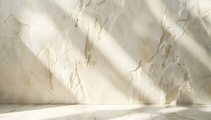 Wall Mural - Creamy limestone wall and floor with sun rays and shadow, background for product display