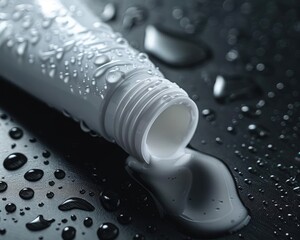 Close-up of an open tube with white cream spilling out, surrounded by water droplets on a dark surface, focusing on skincare and moisture.