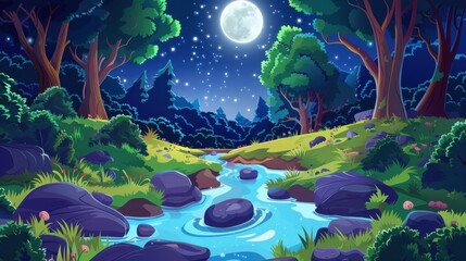 Enchanting night forest landscape with full moon, starry sky and flowing river. Cartoon illustration of tranquil nature scene, perfect for children's book, animation or fantasy game.