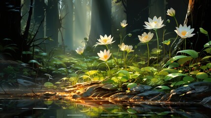 Canvas Print - White flowers blooming in a forest stream