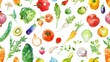 © Newstep - Seamless watercolor pattern of colorful vegetables and fruits, perfect for food-related designs and backgrounds.