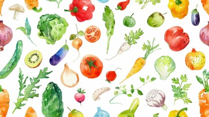 Seamless watercolor pattern of colorful vegetables and fruits, perfect for food-related designs and backgrounds.