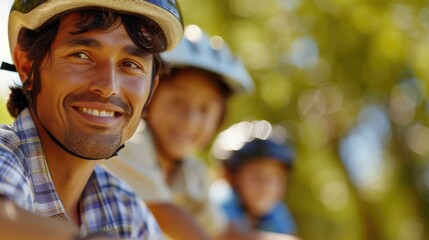 Wall Mural - The picture of the father and son is learning to riding the bicycle together under sunlight surrounded with nature, riding bicycle require skill like balance, safety awareness and persistence. AIG43.