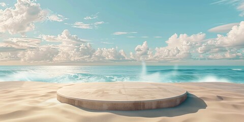 Wall Mural - Empty wooden deck on a sandy beach with a clear blue sky and ocean waves.