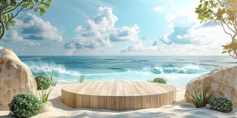 Wall Mural - Empty wooden deck on a sandy beach with a clear blue sky and ocean waves.