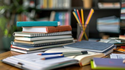 Leinwandbilder - A close-up of a well-organized desk with open textbooks, notebooks, pens, and pencils. The scene is ideal for tutoring services and educational centers. Generative AI