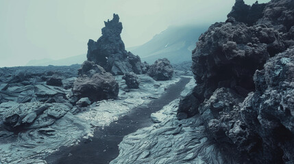 Wall Mural - Lonely volcanic path with jagged rocks