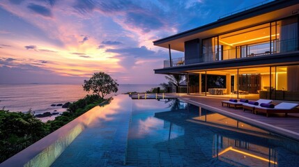 Wall Mural - Sustainable luxury modern seaside villa with pool at dusk