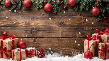 Wall Mural - Christmas boxes with gifts tied with ribbons, surrounded by Christmas tree branches and red balls, on a wooden background with a dusting of snow.