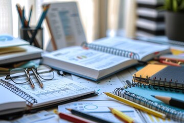 Leinwandbilder - A well-organized study desk with open textbooks, notebooks, pens, and pencils. The scene is ideal for tutoring services and educational centers. Generative AI