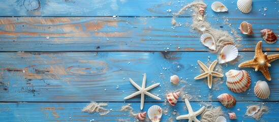 Poster - Sand and shells on the blue, wooden floor in a summer-themed setting