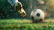 © vetrana - Soccer ball kicked by foot in sports shoes on vibrant green field during exciting game