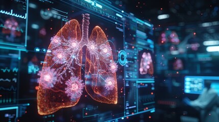 Digital representation of human lungs on a futuristic medical interface.  glowing red and blue.  Concept for medical technology and healthcare.