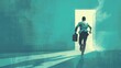 © komgritch - A silhouette of a man with a briefcase running towards an open door, symbolizing opportunity and new beginnings in a blue-toned abstract setting.