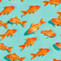 Wall Mural - goldfish and whole, shot from above, making a fun pattern on a bright pastel color background, magazine cover photo