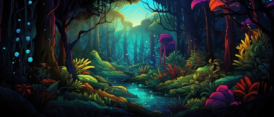 Naklejka na meble Enchanted Forest with Glowing Mushrooms and Magical Stream, Digital Art Illustration