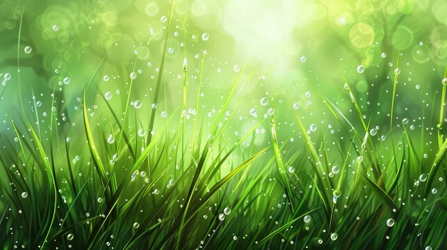 Close-up of green, juicy grass with dew drops. The sunlight is illuminated by water droplets. An abstract concept of the background of the environment.