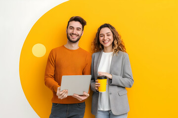 Photo of two happy people holding coffee and laptop, standing in front of a yellow circle background with white color. One man is wearing an orange sweater  
