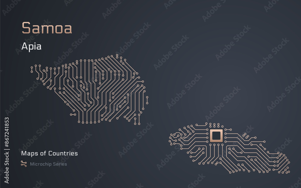 Samoa Map with a capital of Apia Shown in a Microchip Pattern. E ...