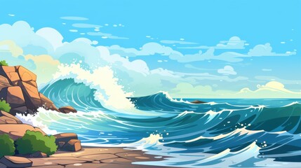 Wall Mural - Ocean waves crashing against a rocky shore with a blue sky and clouds. Concept of nature, seascape, and summer