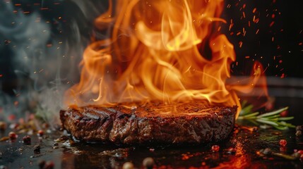 Canvas Print - Grilled beef steak with fiery flames